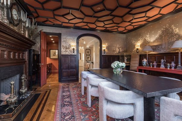 Dining room, Fireplace, Interior, Recessed Lighting, Wood Texture Flooring