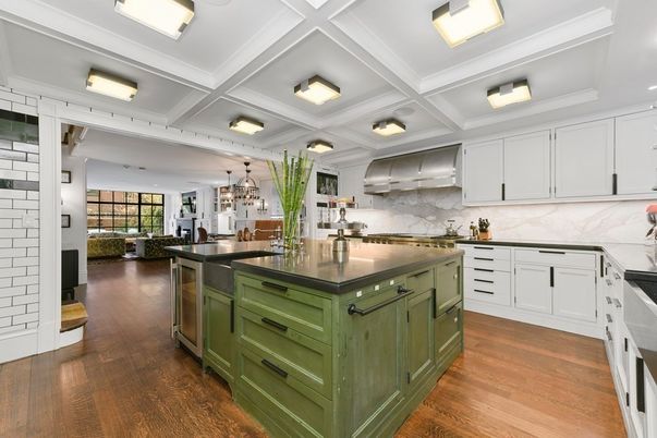 Interior, Kitchen, Marble Walls, Recessed Lighting, Stainless Steel Appliances, Wood Texture Flooring