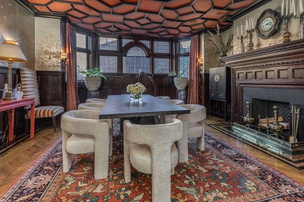 Dining room, Fireplace, Interior, Wood Texture Flooring