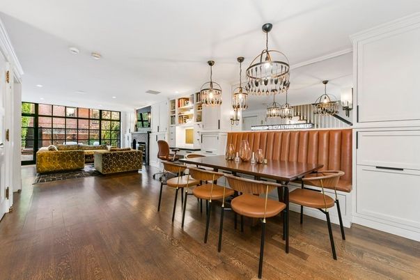 Chandelier, Dining room, Fireplace, Interior, Living room, Pendant Lights, Recessed Lighting, Wood Texture Flooring