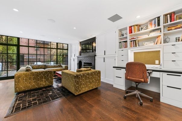 Fireplace, Home Office, Interior, Recessed Lighting, Wood Texture Flooring