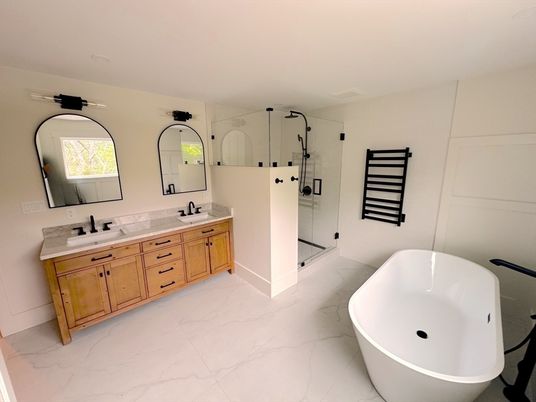 Bathroom, Dual Sink Vanities, Free Standing Baths, Glass Shower, Interior, Marble