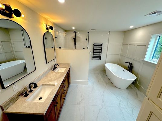 Bathroom, Dual Sink Vanities, Free Standing Baths, Glass Shower, Interior, Marble, Recessed Lighting