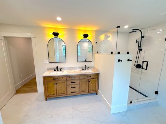 Bathroom, Dual Sink Vanities, Glass Shower, Interior, Marble, Recessed Lighting