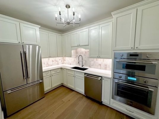 Chandelier, Interior, Kitchen, Pendant Lights, Stainless Steel Appliances, Wood Texture Flooring