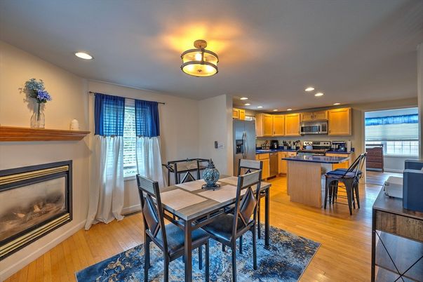 Dining room, Interior, Kitchen, Recessed Lighting, Stainless Steel Appliances, Wood Texture Flooring
