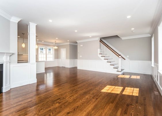 Empty room, Fireplace, Interior, Pendant Lights, Recessed Lighting, Wood Texture Flooring