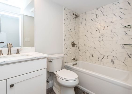 Bathroom, Interior, Marble Walls, Wood Texture Flooring