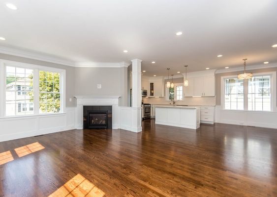 Empty room, Fireplace, Interior, Kitchen, Pendant Lights, Recessed Lighting, Wood Texture Flooring