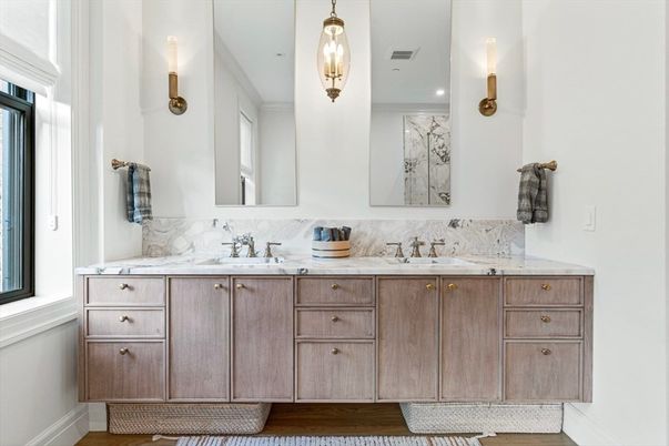 Bathroom, Dual Sink Vanities, Interior, Pendant Lights, Recessed Lighting, Wood Texture Flooring
