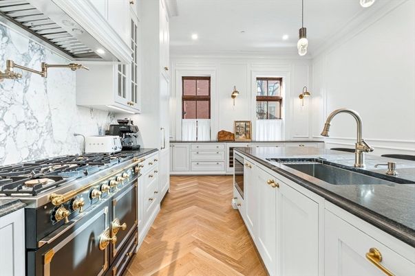 Interior, Kitchen, Marble Walls, Pendant Lights, Recessed Lighting, Stainless Steel Appliances, Wood Texture Flooring