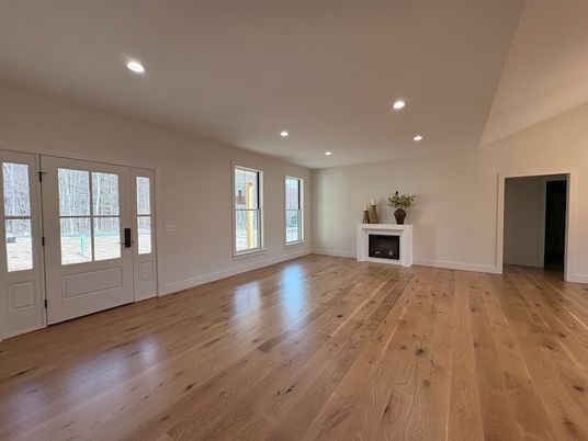 Empty room, Fireplace, Interior, Recessed Lighting, Wood Texture Flooring