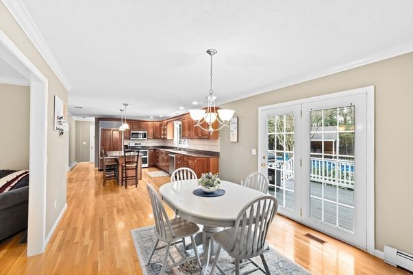 Dining room, Interior, Kitchen, Pendant Lights, Recessed Lighting, Stainless Steel Appliances, Wood Texture Flooring