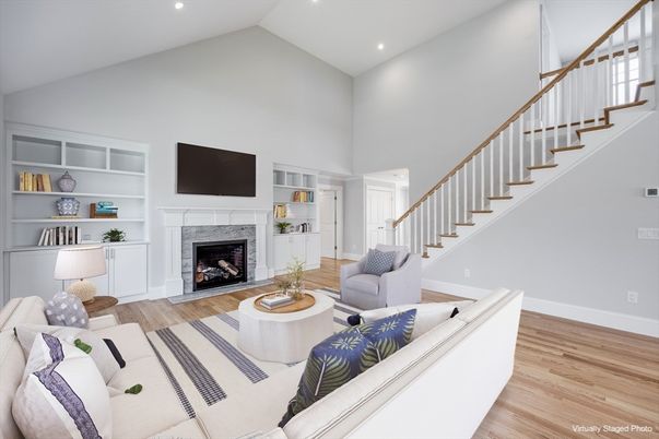 Fireplace, Interior, Living room, Recessed Lighting, Wood Texture Flooring