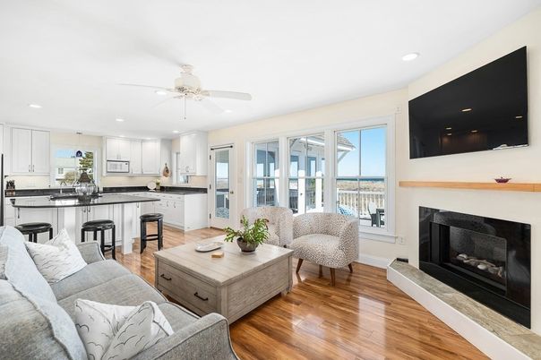 Fireplace, Interior, Kitchen, Living room, Recessed Lighting, Wood Texture Flooring