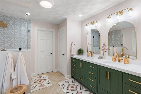 Bathroom, Dual Sink Vanities, Interior, Recessed Lighting, Wood Texture Flooring