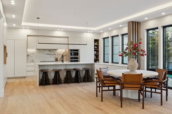 Dining room, Interior, Kitchen, Marble Walls, Pendant Lights, Recessed Lighting, Stainless Steel Appliances, Wood Texture Flooring