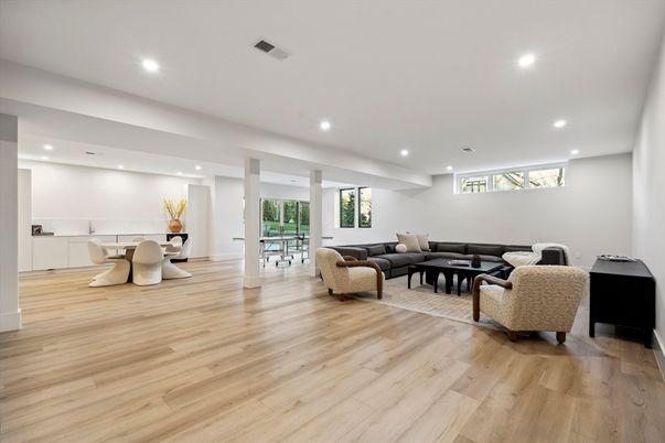 Dining room, Interior, Living room, Recessed Lighting, Wood Texture Flooring