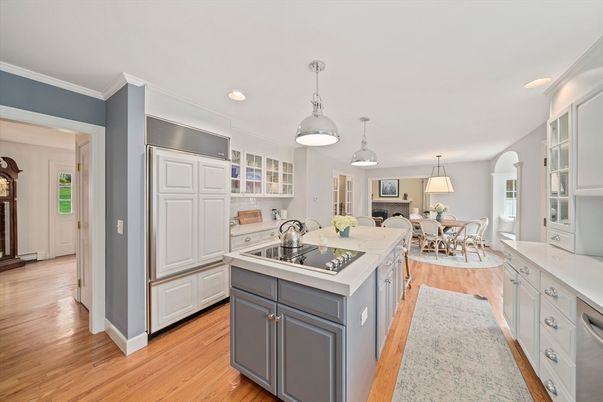 Dining room, Fireplace, Interior, Kitchen, Pendant Lights, Recessed Lighting, Wood Texture Flooring