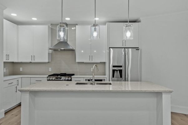 Interior, Kitchen, Pendant Lights, Recessed Lighting, Stainless Steel Appliances, Wood Texture Flooring