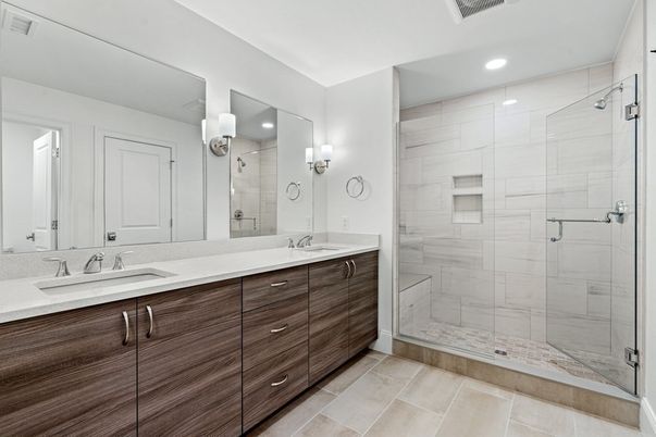Bathroom, Dual Sink Vanities, Glass Shower, Interior, Recessed Lighting