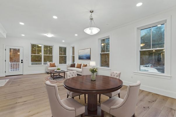 Dining room, Interior, Living room, Pendant Lights, Recessed Lighting, Wood Texture Flooring