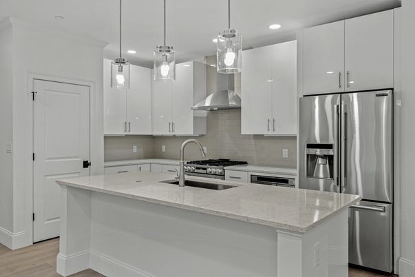 Interior, Kitchen, Pendant Lights, Recessed Lighting, Stainless Steel Appliances, Wood Texture Flooring