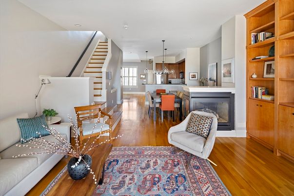 Dining room, Fireplace, Interior, Kitchen, Living room, Pendant Lights, Wood Texture Flooring
