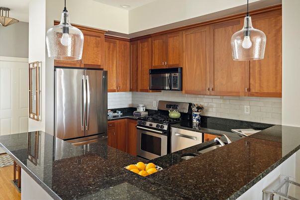 Interior, Kitchen, Pendant Lights, Stainless Steel Appliances, Wood Texture Flooring