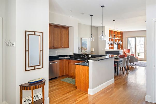 Dining room, Interior, Kitchen, Pendant Lights, Recessed Lighting, Wood Texture Flooring