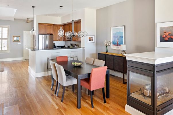 Dining room, Interior, Kitchen, Pendant Lights, Stainless Steel Appliances, Wood Texture Flooring
