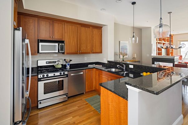 Interior, Kitchen, Pendant Lights, Recessed Lighting, Stainless Steel Appliances, Wood Texture Flooring