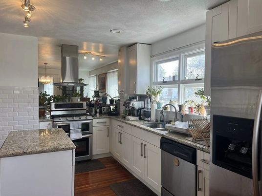 Interior, Kitchen, Pendant Lights, Stainless Steel Appliances, Wood Texture Flooring
