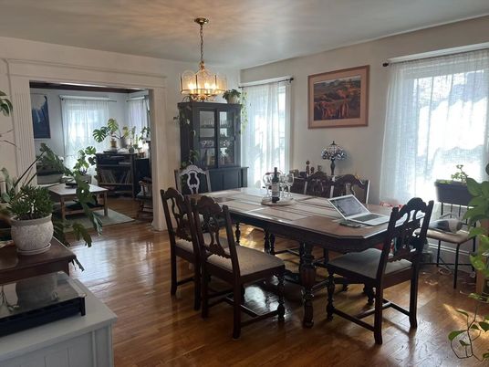 Dining room, Interior, Pendant Lights, Wood Texture Flooring