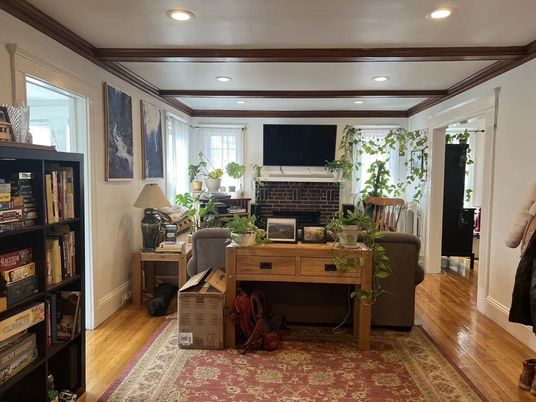 Fireplace, Interior, Recessed Lighting, Wood Texture Flooring