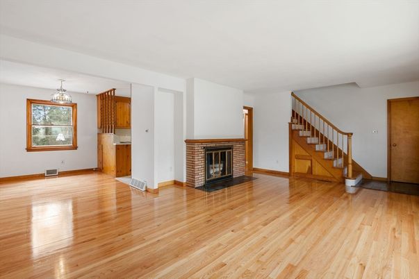 Chandelier, Empty room, Fireplace, Interior, Wood Texture Flooring