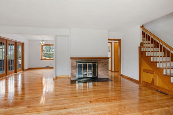 Chandelier, Empty room, Fireplace, Interior, Wood Texture Flooring