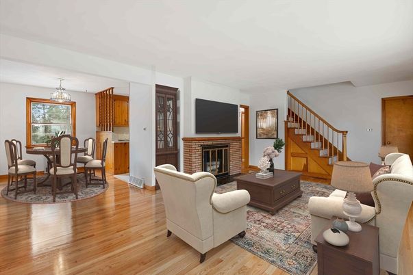 Chandelier, Dining room, Fireplace, Interior, Living room, Wood Texture Flooring