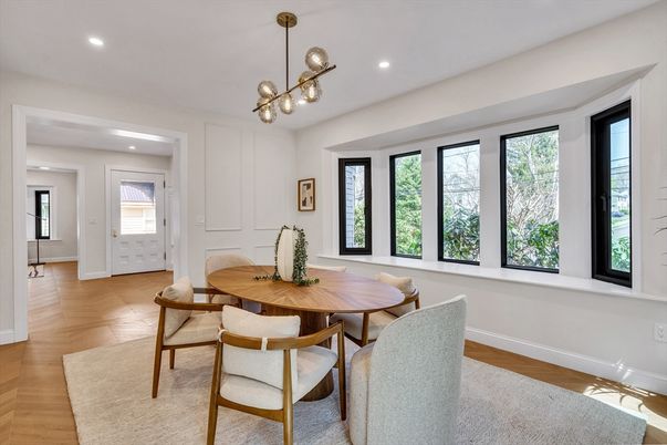 Dining room, Interior, Pendant Lights, Recessed Lighting, Wood Texture Flooring