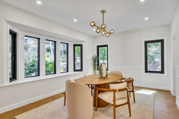 Dining room, Interior, Pendant Lights, Recessed Lighting, Wood Texture Flooring