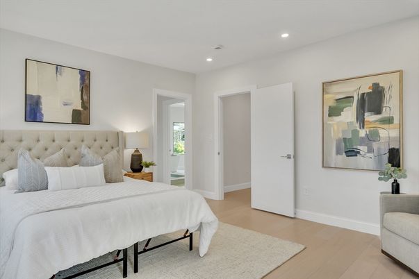 Bedroom, Interior, Recessed Lighting, Wood Texture Flooring