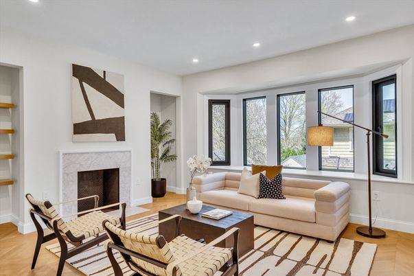 Fireplace, Interior, Living room, Recessed Lighting, Wood Texture Flooring