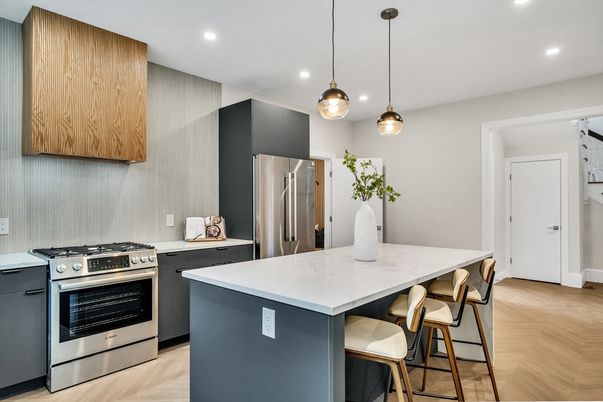 Interior, Kitchen, Pendant Lights, Recessed Lighting, Stainless Steel Appliances, Wood Texture Flooring