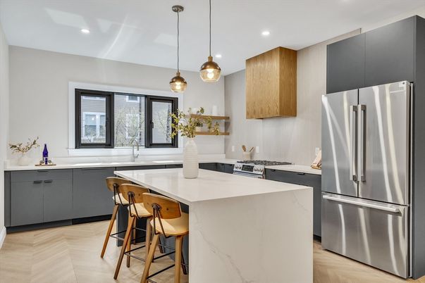 Interior, Kitchen, Pendant Lights, Recessed Lighting, Stainless Steel Appliances, Wood Texture Flooring