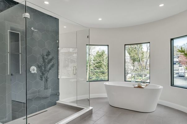 Bathroom, Free Standing Baths, Glass Shower, Interior, Recessed Lighting