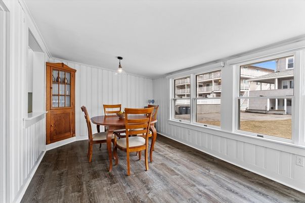 Dining room, Interior, Pendant Lights, Wood Texture Flooring