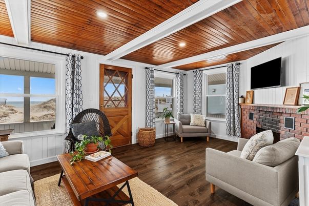 Fireplace, Interior, Living room, Recessed Lighting, Wooden Ceilings, Wood Texture Flooring