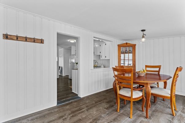 Dining room, Interior, Pendant Lights, Wood Texture Flooring