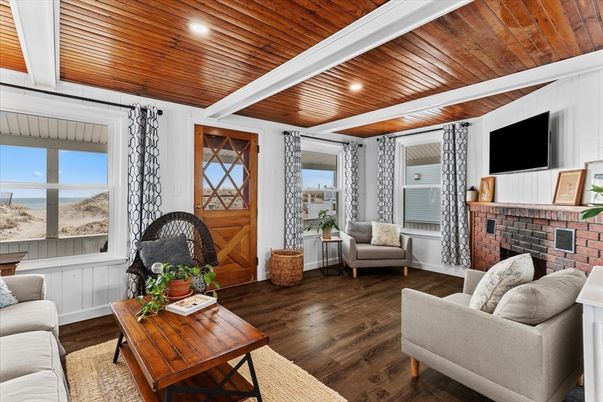 Fireplace, Interior, Living room, Recessed Lighting, Wooden Ceilings, Wood Texture Flooring