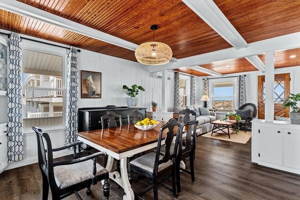Chandelier, Dining room, Interior, Living room, Pendant Lights, Wooden Ceilings, Wood Texture Flooring